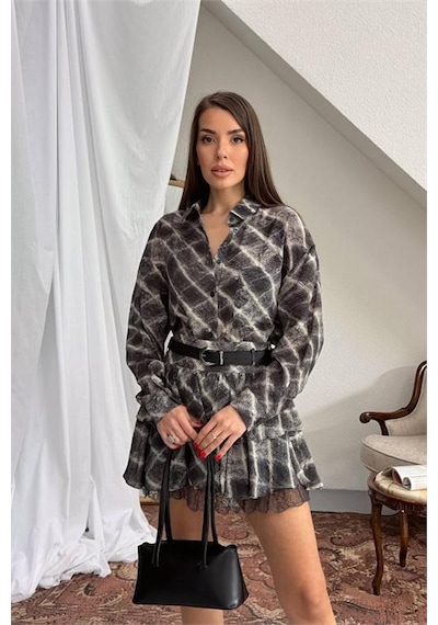 Neşeli Butik Kadın Siyah Gömlek Yaka Kat Kat Ekose Desen Mini Elbise Nbnp025 Siyah