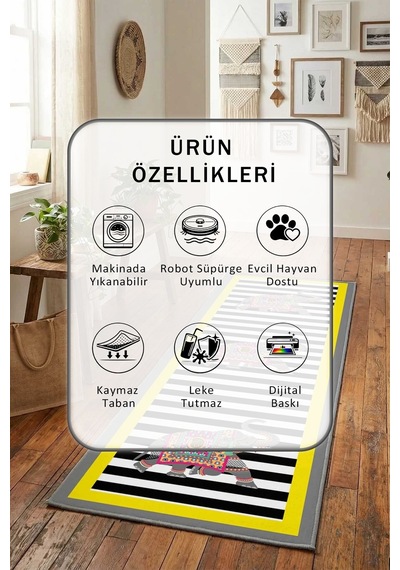 Fil Sarı Gri Salon Mutfak Yatak Odası Yıkanabilir Yolluk Gri - Sarı