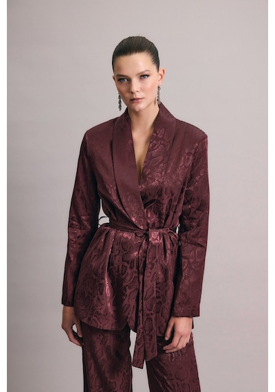 Sateen Yılan Desenli Uzun Ceket - Bordo-136439 Bordo