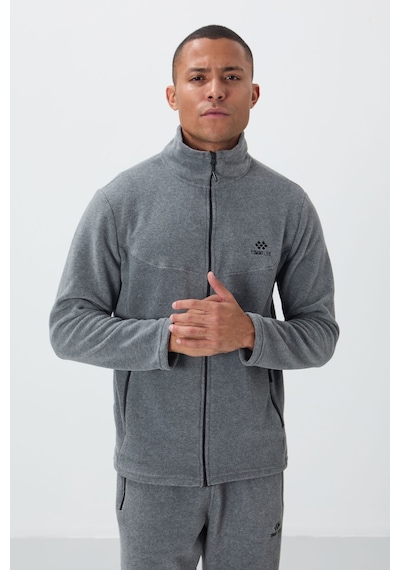 Tommy Life Gri Melanj Dik Yaka Basic Fermuar Cepli Standart Kalıp Erkek Polar Eşofman Takımı - 85193 GRİ MELANJ