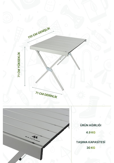 Baycamp Alüminyum Katlanır Ekstra Büyük Boy Kamp Masası Y:71xg:110xd:71 Cm Gri