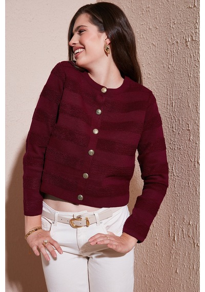 Lela Premium Regular Fit Bisiklet Yaka Düğmeli Dokulu Triko Bayan Hırka 680Hi00337 Bordo