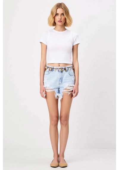Benerly Kadın Şort Ekstra Mini Denim Slim Kalıp Normal Bel Yırtık Detaylı Açık Mavi