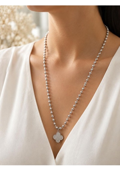 Cm Jewelry Çelik Top Zincirli Yonca Desenli Uzun Kolye Gümüş