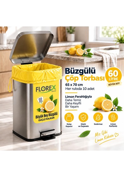 Büzgülü Çöp Torbası,büyük Boy 65x70cm,sızdırmaz,dayanıklı, Limon-1rulo