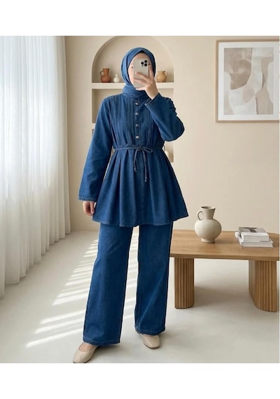 Lovie Moda Kadın Beli Bağcıklı Kot Takım Lacivert