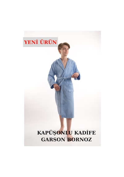 Pamuklu Kapüşonlu Çocuk Garson Boy Unisex Cepli Bukle Kadife Bornoz Mavi