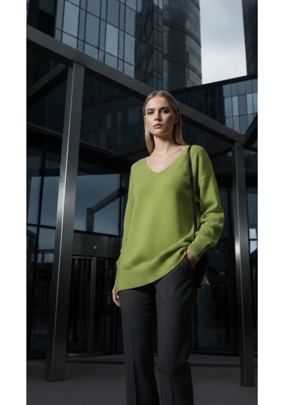 V Yaka Oversize Triko Tunik Yeşil Yeşil