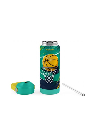 Puccon 540 Ml Basketbol Topu Baskılı Yeşil - Turuncu Erkek Çocuk Pipetli Çelik Termos Matara/suluk - 60060