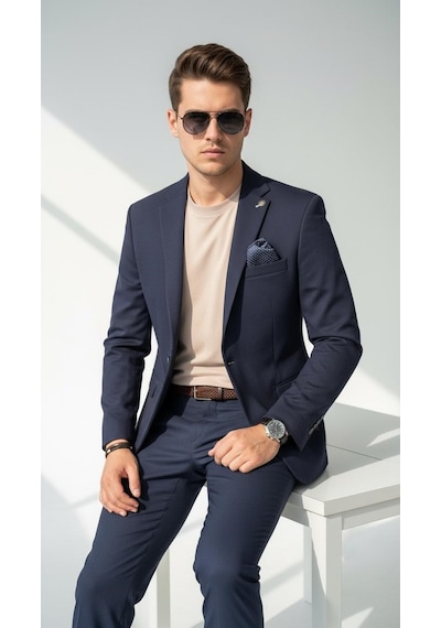 Plus Scorpion Erkek İtalyan Kesim Tek Düğmeli Blazer Ceket Klasik Ve Modern Şıklık Lacivert