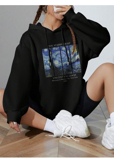 Unisex Oversize Van Gogh Baskılı Kapüşonlu Siyah Sweatshirt Siyah