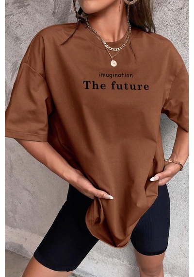 Unisex The Future Baskılı Oversize T-shirt Kahverengi