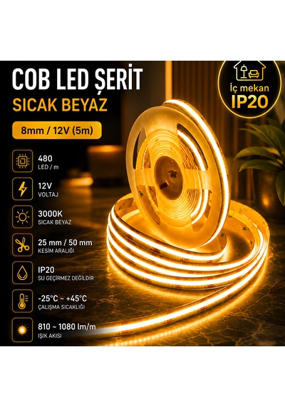 Cob Led Şerit Sıcak Byz 8mm/12v 5m Günışığı-3000k