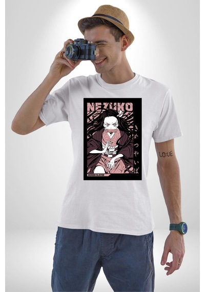 Nezuko Demon Slayer Unisex Unisex Beyaz Organik Baskılı T-shirt Penye Yüksek Kalite Beyaz
