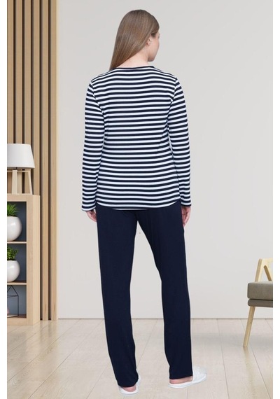 Mecit Pijama Mecit 6201 Lacivert Çizgili Büyük Beden Kadın Pijama Takımı Lacivert