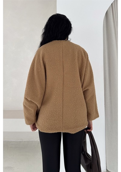 Femelle Camel Bürümcük Bağlamalı Oversize Hırka Yarasa Kol Standart Beden