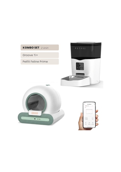 Groove Ti+ Wi-fi Akıllı Otomatik Kedi Tuvaleti Yeşil + Petfit Feline Prime 3l Wi-fi Kameralı Akıllı Otomatik Mama Kabı Besleme Ünitesi Bundle