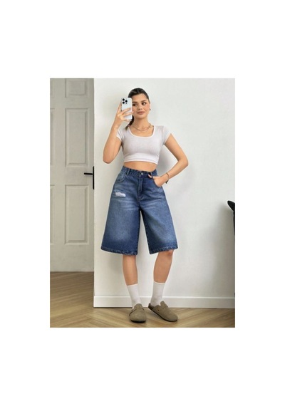 Kene Jeans Lazer Ön Yırtıklı Mavi İşlemli Kot Şort Mavi İşlemli