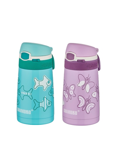 Shamobo 2li Set Pipetli Çelik Termos 350ml -6 Saat Isı Yalıtımı- Turuncu-Mor