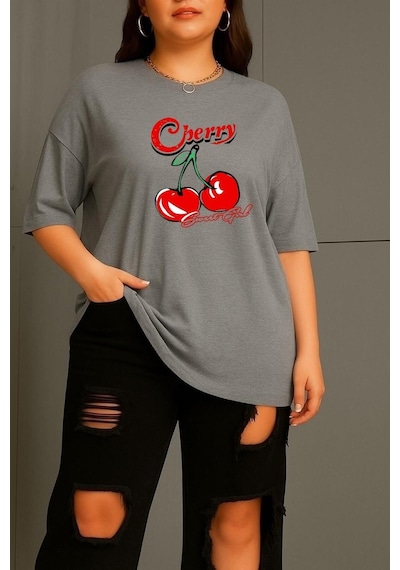 Büyük Beden Cherry Kiraz Baskılı Unisex Tişört Gri