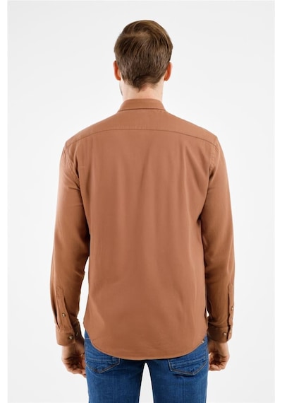 İmza Açık Bej Düğmeli Yaka Uzun Kol Cepli Slim Fit %100 Pamuk Gömlek 1004255213 Açık Bej
