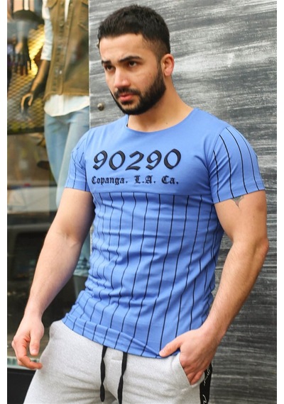 Madmext Madmext Bisiklet Yaka Çizgi Detaylı Mavi Tişört 2863-mavi Mavi