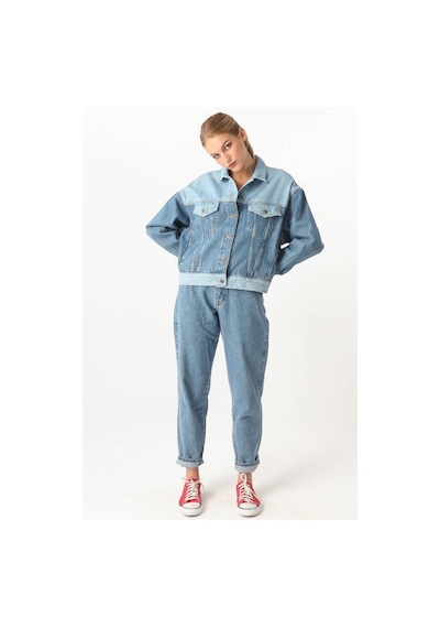 Kadın Renk Bloklu Oversize Jean Ceket Mavi 001