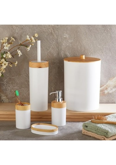 5 Parça Lüx Bambu Görünümlü Banyo Seti 10 Litre Çöp Kovası Ve Antibakteriyel Tuvalet Fırçası Beyaz Diğer