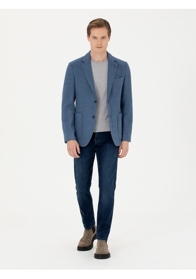 Cacharel Mavi Slim Fit Yün Karışımlı Flanel Ceket