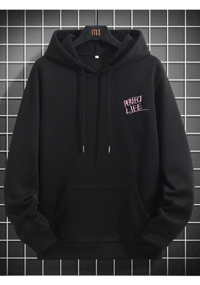 Perfect Life Sweatshirt - Siyah Baskılı Oversize Kapüşonlu Siyah