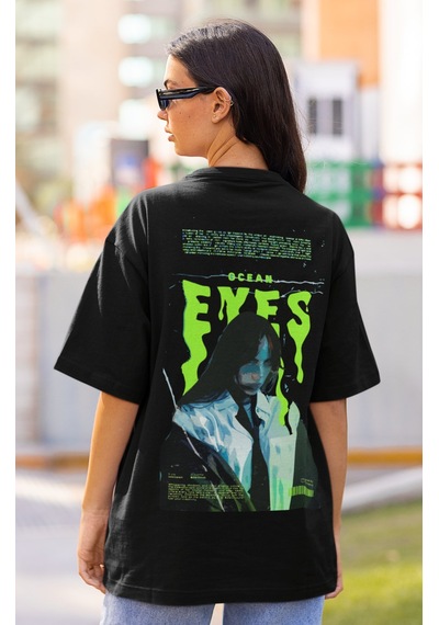 Sevbano Tasarım Billie Eilish Ocean Eyes Sırt Baskılı Unisex Oversize Şar Siyah