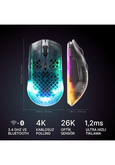 Steelseries Aerox 3 Wireless Gen 2 - Shadow 4K Kablosuz Gaming Mouse
