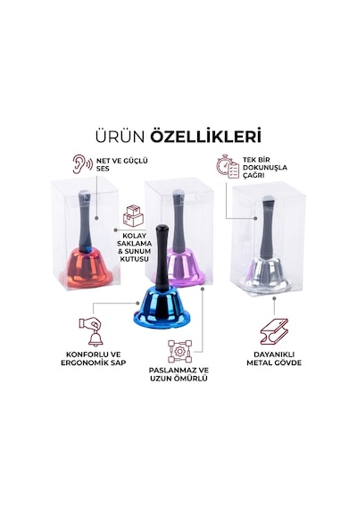 Parlak Renkli Metal Resepsiyon Çanı El Zili - Okul, Ofis, Masa Ve Etkinlik Çağrı Çanı 1 Adet