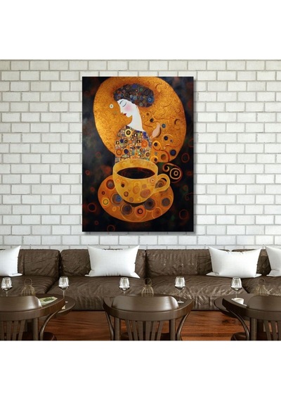 Tekli Dikey Kanvas Mutfak Tablosu Kahve Köşesi Kadın Ve Fincan, 30 X 40