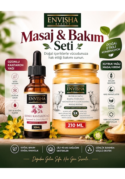 Masaj Bakım Seti Magnezyum Glukozaminli Kuyruk Yağlı Bamya Tohumlu Masaj Kremi 210 Ml + Ozonlu Kantaron Yağı 30 Ml