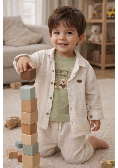 Babyhola Erkek Bebek Bayramlık Takım Ayıcık Desenli Müslin Kumaş Üçlü Set 2203 Yeşil