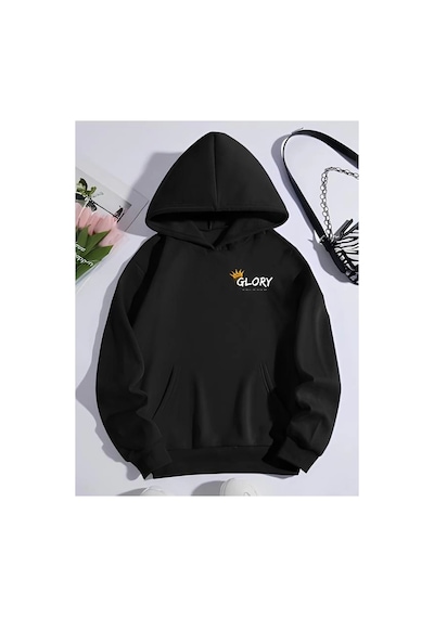 Kadın Oversize Kapüşonlu Kanguru Cepli Baskılı 3 İplik Pamuklu Sweatshirt Hoodie - Siyah