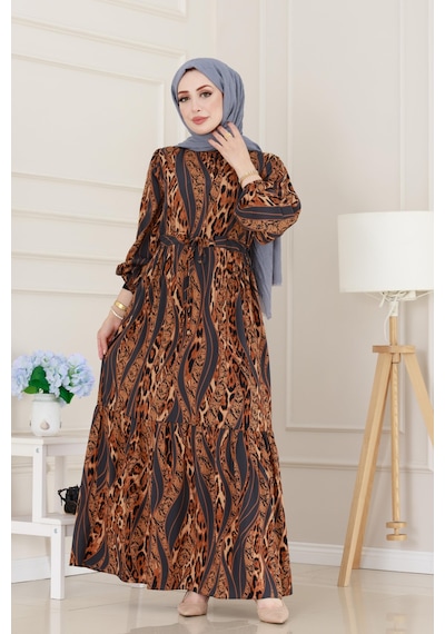 Sevitli Leopar Desenli Beli Tünelli Viscon Elbise-gri-5090 Gri