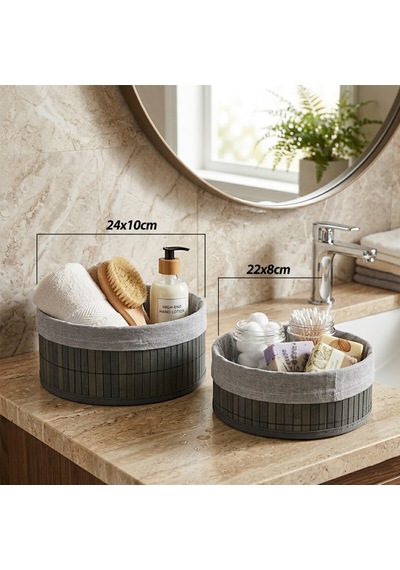 Gri 2 Boy Yuvarlak Bambu Kenar Organizer Sepet Ahşap Altlık - Bezli Çap 22x24cm Çok Renkli