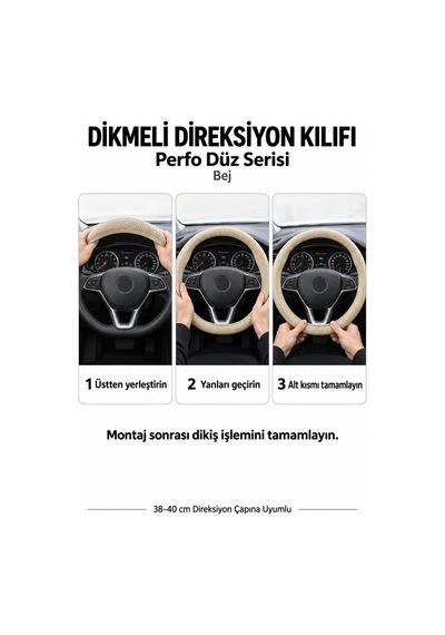 Trobus Mitsubishi L200 2015-2023 Uyumlu Dikmeli Direksiyon Kılıfı Perfo Düz Delikli Deri Bej