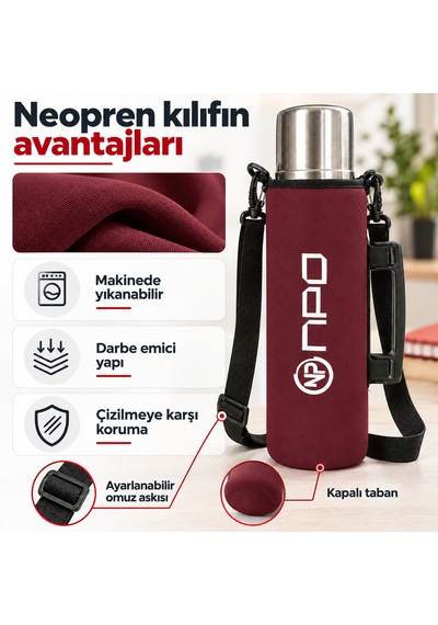 Npo Nt01 2 Katman Vakum Teknolojili 24h Sıcak 48h Soğuk 72h Buzlu Koruma Çelik Termos Bordo Kılıflı