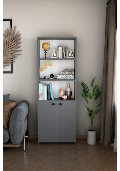 Kapaklı Çok Amaçlı Salon Dolabı 150x50x22 Cm Raflı Kitaplık Dekoratif Depolama Ünitesi Antrasit