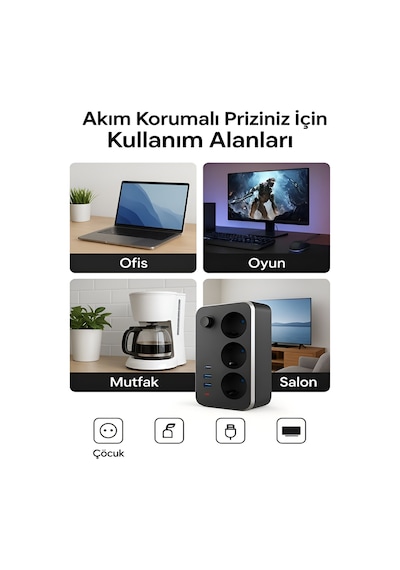 Elektrik Sigortalı Akım Korumalı 2-usb 1-pd Type-c 3'lü Priz 2 Me