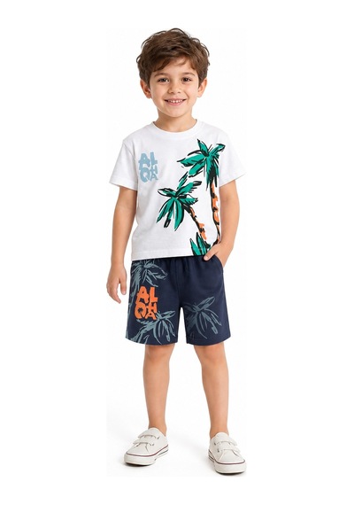 Eray Alp Kids Erkek Çocuk Baskılı Tişört Şort Takımı Yazlık Günlük Model Beyaz