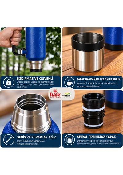 Kale Master 1,2 L Klasik Çelik Termos Mavi, Kulplu Avcı Termosu, Sıcak Soğuk İçecek Termosu, Seyahat Ve Kamp Termosu-500