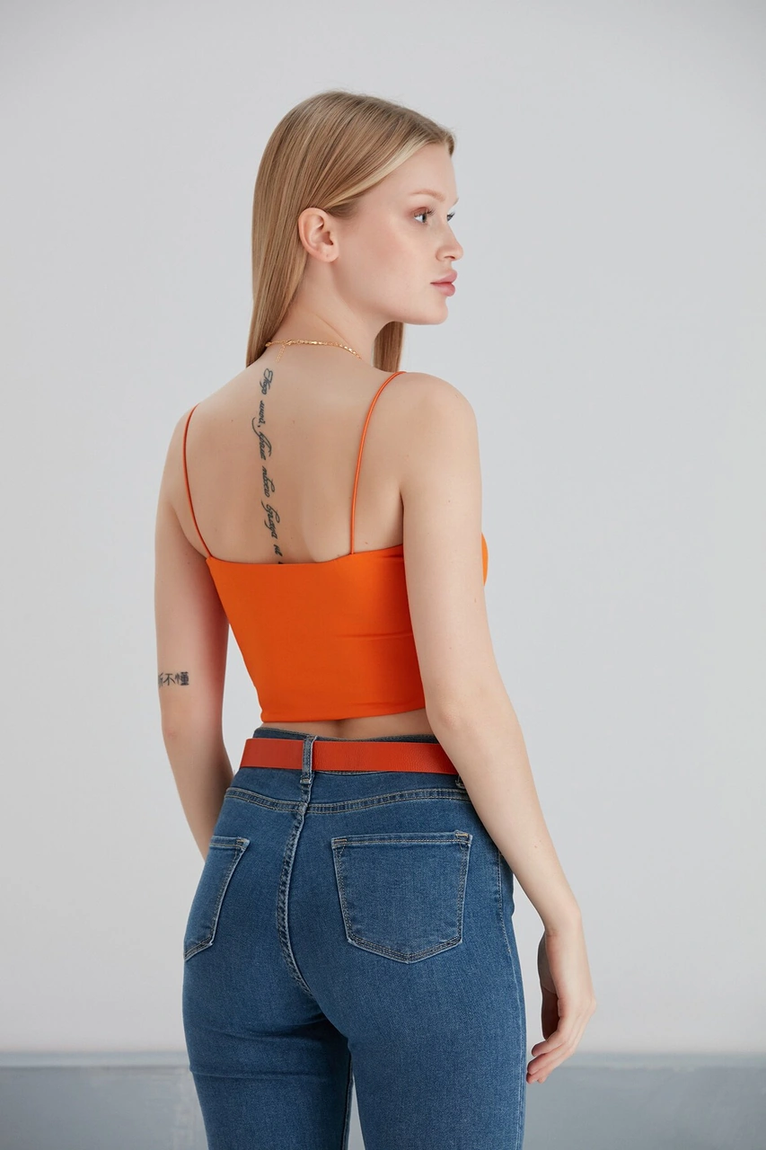 Mamayaga Kadın Askılı Şık Croptop Bluz Turuncu