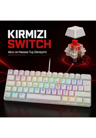 60% Kablolu Rgb Mekanik Oyuncu Klavyesi, 62 Tuşlu Türkçe Q Beyaz