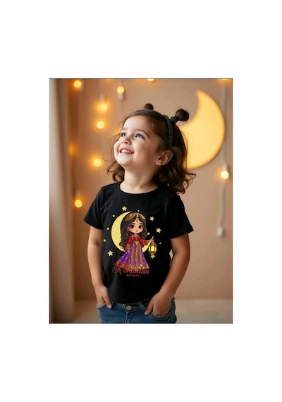 Stil X Ramazan Bayramı Baskılı Kız Çocuk Tshirt, %100 Pamuklu Kumaş Siyah-2