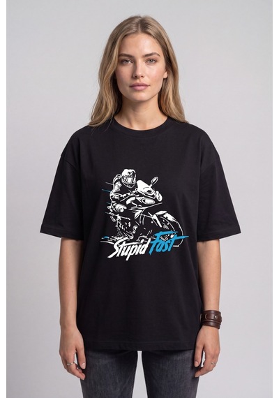 Black Nova Oversize Baskılı Unisex %100 Pamuk T-shirt Stupid Fast Siyah
