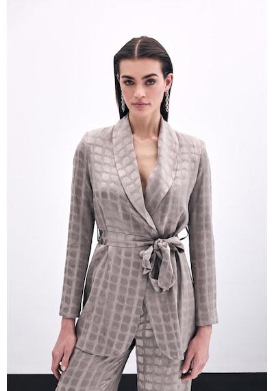 Sateen Kare Desenli Kuşaklı Ceket - Vizon-135790 Vizon